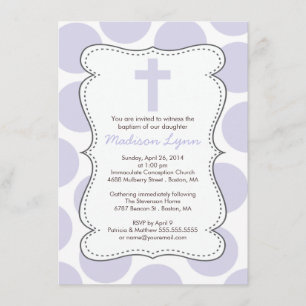 Cute Paarse Polka Dots Cross Baptisme Invitation Kaart