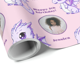 Cute Paarse roze Chibi Dragon Custom Photo Text Cadeaupapier