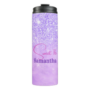Cute paarse roze glitter verjaardagsmonogram thermosbeker