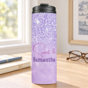 Cute paarse roze glitters verjaardagsmonogram thermosbeker