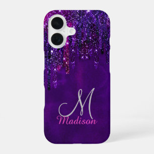Cute Paarse roze Unicorn Glitter Driemonogram iPhone 16 Hoesje