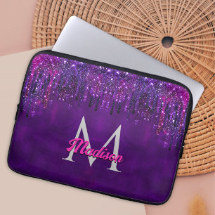 Cute Paarse roze Unicorn Glitter Driemonogram Laptop Sleeve