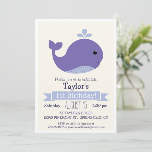 Cute Paarse Walvis Kinderverjaardagsfeestje Kaart (Staand voorkant)