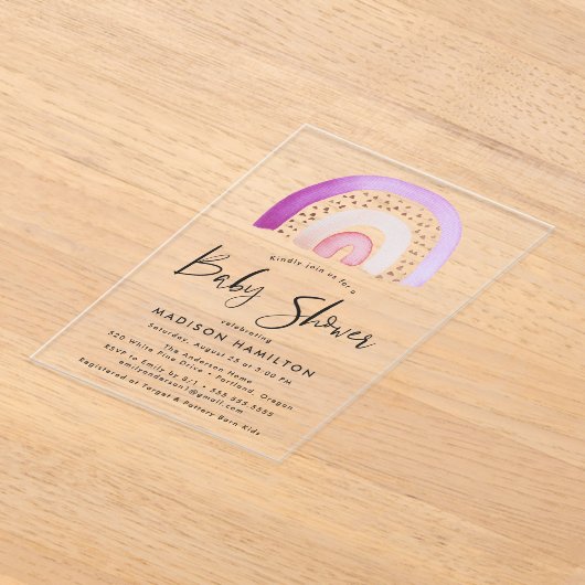 Cute Paarse Waterverf Rainbow Baby shower Acryl Uitnodigingen (Laagn)