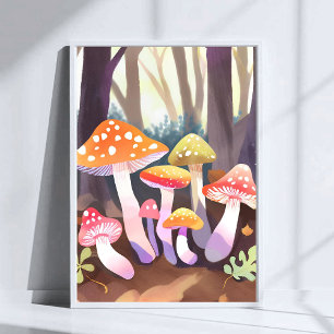 Cute Paddenstoelen Waterverf Bos Kunst Poster