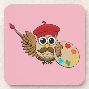 Cute Painter Owl Cartoon Bier Onderzetter