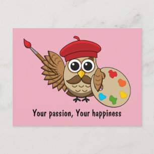 Cute Painter Owl Cartoon Eigen tekst toevoegen Feestdagenkaart