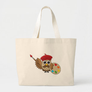 Cute Painter Owl Cartoon Grote Tote Bag