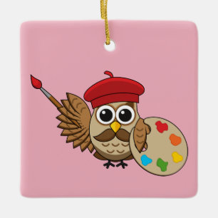 Cute Painter Owl Cartoon Keramisch Ornament