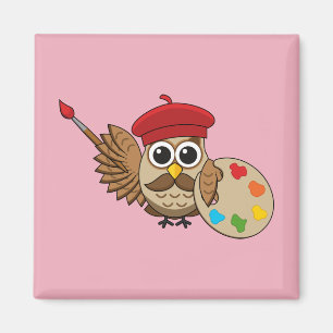 Cute Painter Owl Cartoon Magneet