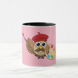 Cute Painter Owl Cartoon Mok