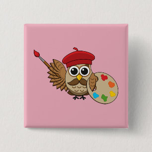 Cute Painter Owl Cartoon Vierkante Button 5,1 Cm