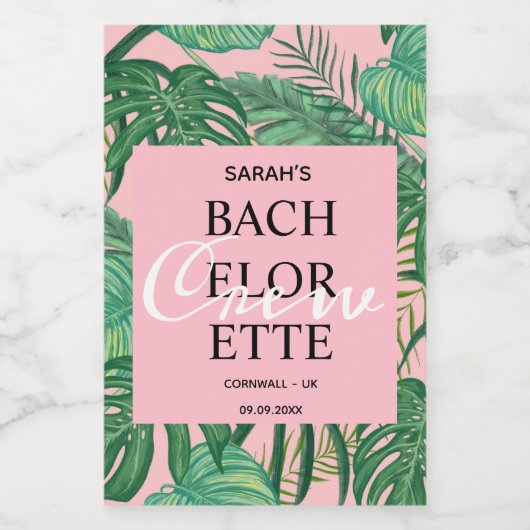 Cute Palm Tropical Pink Bachelorette Crewand Wijn Etiket (Enkel label)