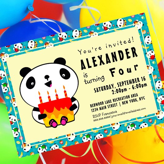 Cute Panda 4e anniversaire Invitation de la fête d