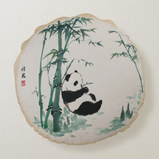 Cute Panda Bamboo Enk Art Coussin rond