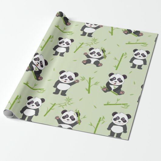 Cute Panda Bear Bamboo Kawaii Animals Pattern Cadeaupapier (Uitgerold)