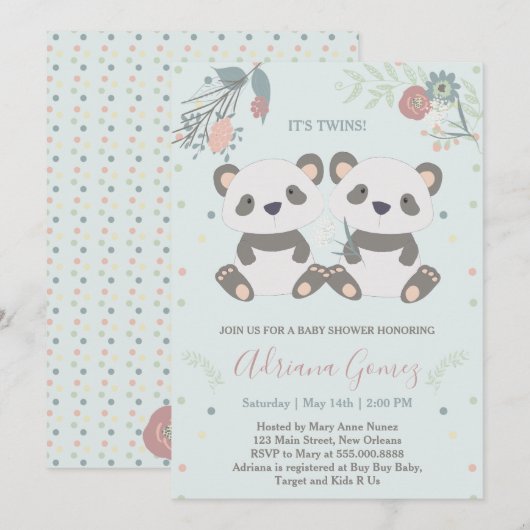 Cute Panda Bears Twins Baby shower Invitation (Devant / Derrière)
