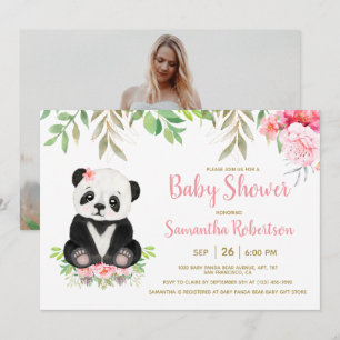 Cute Panda Beer Blush Pink Floral Baby shower Kaart