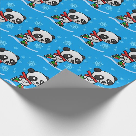 Cute Panda Beer Ice Skating Snow Kerstmis Kind Cadeaupapier (Hoek)