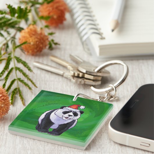 Cute Panda-Beer in Santa Hat op groen Sleutelhanger (Voorkant Rechts)