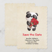 Cute Panda Beer met Bouquet van Rozen Save The Date (Voorkant / Achterkant)