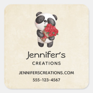 Cute Panda Beer met Rose Bouquet Business Vierkante Sticker