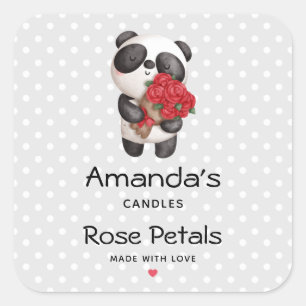 Cute Panda Beer met Rose Bouquet Candle of Soap Vierkante Sticker