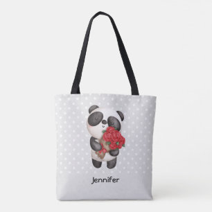Cute Panda Beer met Rose Bouquet Draagtas