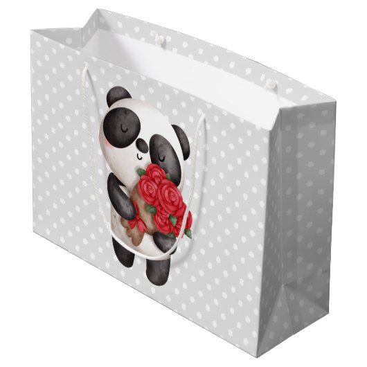 Cute Panda Beer met Rose Bouquet Groot Cadeauzakje (Achterkant Gekanteld)