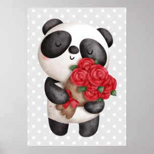 Cute Panda Beer met Rose Bouquet Poster