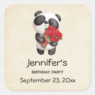 Cute Panda Beer met Rose Bouquet Save the Date Vierkante Sticker