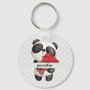 Cute Panda Beer met Rose Bouquet Sleutelhanger