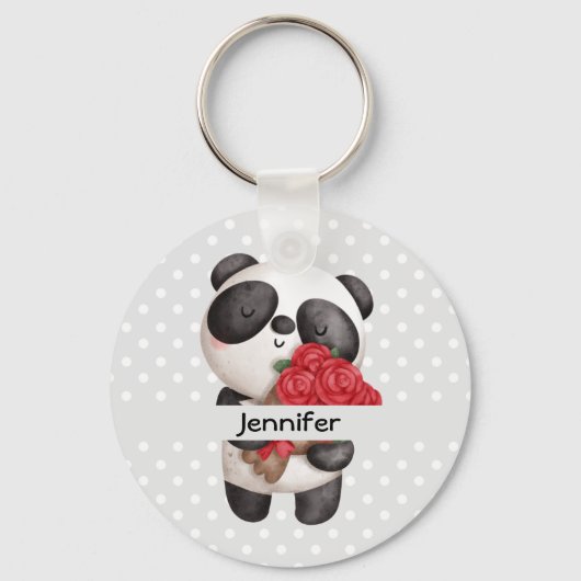 Cute Panda Beer met Rose Bouquet Sleutelhanger (Voorkant)