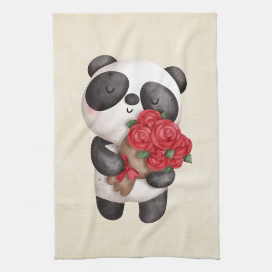 Cute Panda Beer met Rose Bouquet Theedoek (Verticaal)