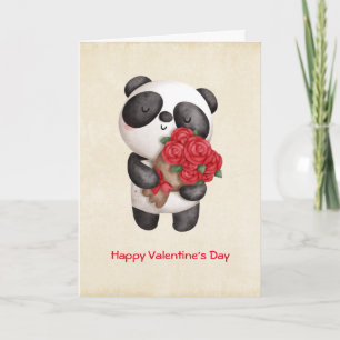 Cute Panda Beer met Rose Bouquet Valentijns Kaart