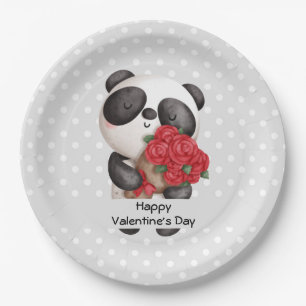 Cute Panda Beer met Rose Bouquet Valentijns Papieren Bordje