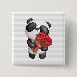 Cute Panda Beer met Rose Bouquet Vierkante Button 5,1 Cm