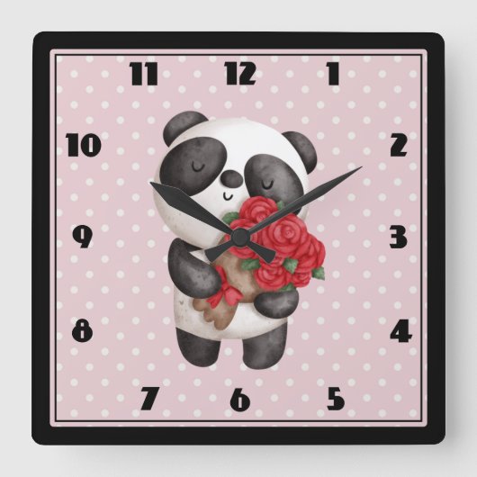 Cute Panda Beer met Rose Bouquet Vierkante Klok (Voorkant)
