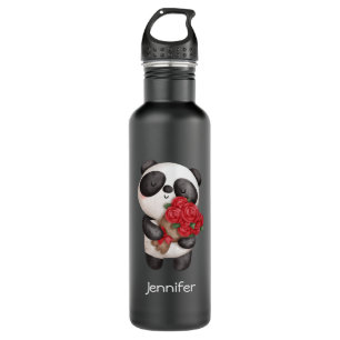 Cute Panda Beer met Rose Bouquet Waterfles
