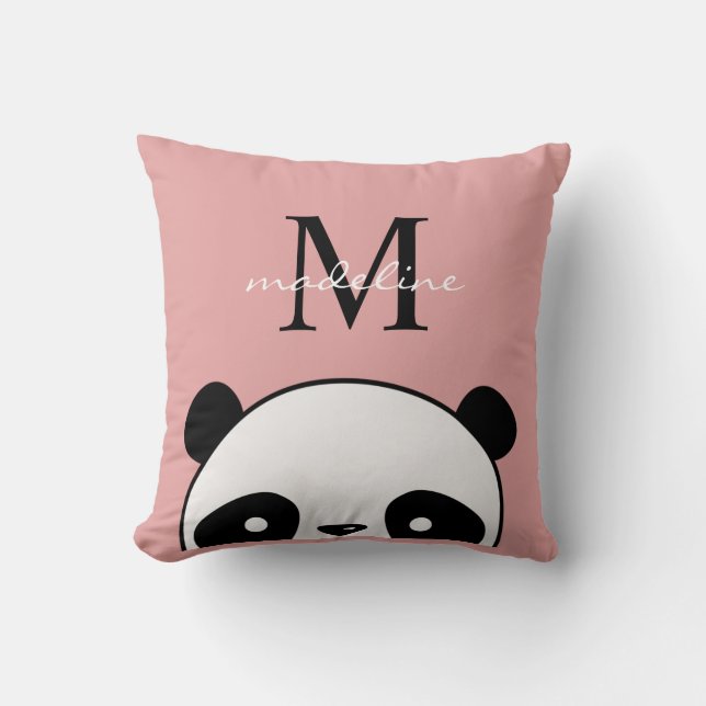 Cute Panda Blush Pink Monogram Script Kussen (Voorkant)