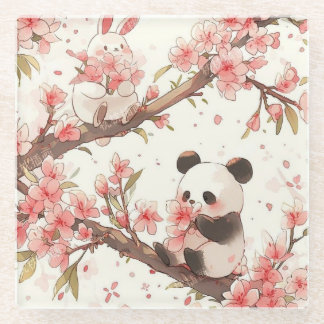 Cute Panda & Bunny Kersenbloesem Onderzetter | Kaw