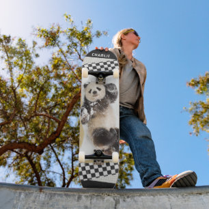 Cute Panda Checkered Modern Collage Custom Name Skateboard