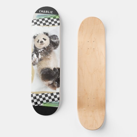 Cute Panda Checkered Modern Collage Custom Name Skateboard (Voorkant)