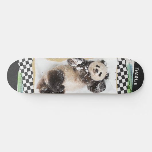Cute Panda Checkered Modern Collage Custom Name Skateboard (Horizontaal)