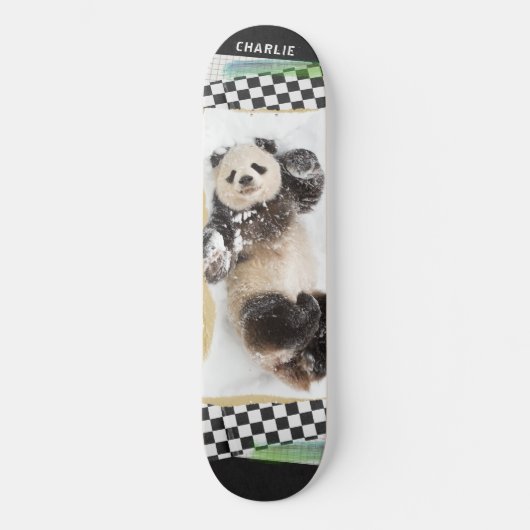 Cute Panda Checkered Modern Collage Custom Name Skateboard (Voorkant)