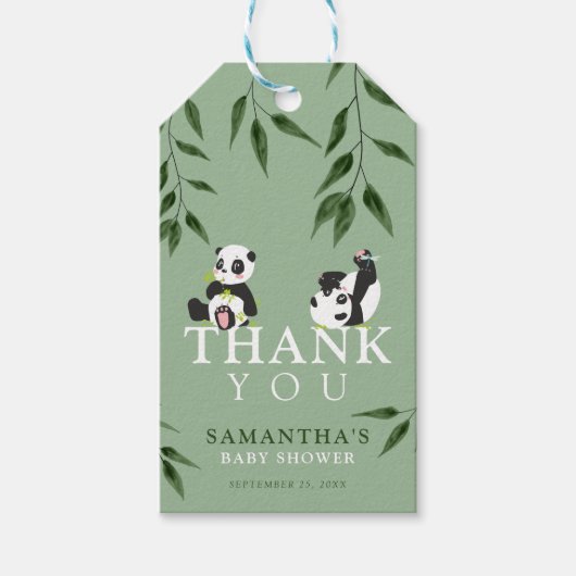 Cute Panda & Foliage Neutrale Baby shower Dank u w Cadeaulabel (Voorkant)