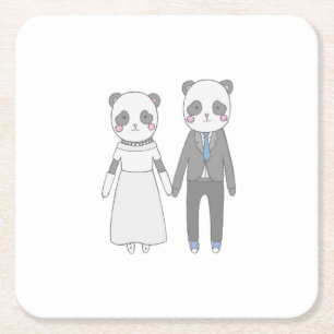 Cute Panda Huwelijks Koppel – Kawaii Bruid & Bruid Vierkante Kartonnen Onderzetter
