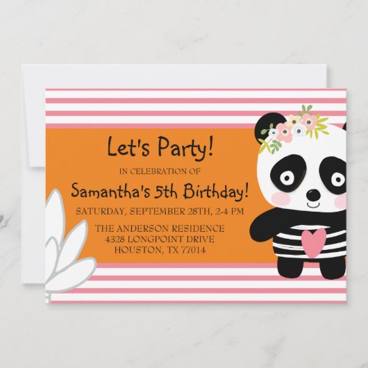 Cute Panda Invitation d'anniversaire fille (Devant)