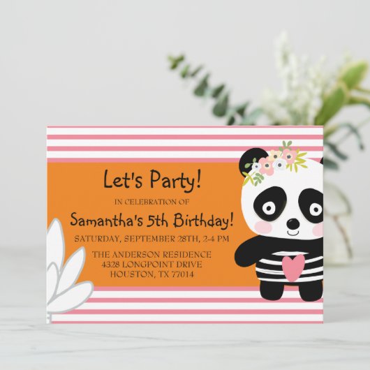 Cute Panda Invitation d'anniversaire fille (Debout devant)