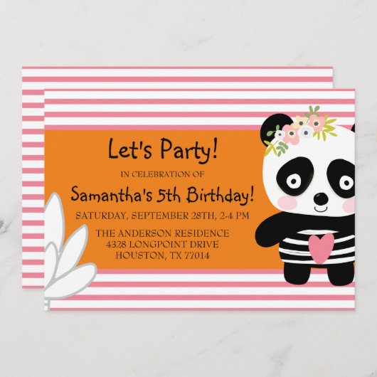 Cute Panda Invitation d'anniversaire fille (Devant / Derrière)
